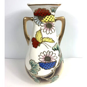 Vtg Nishiki Royal Nippon Double Handle Vase Bold Butterfly Art Nouveau Style